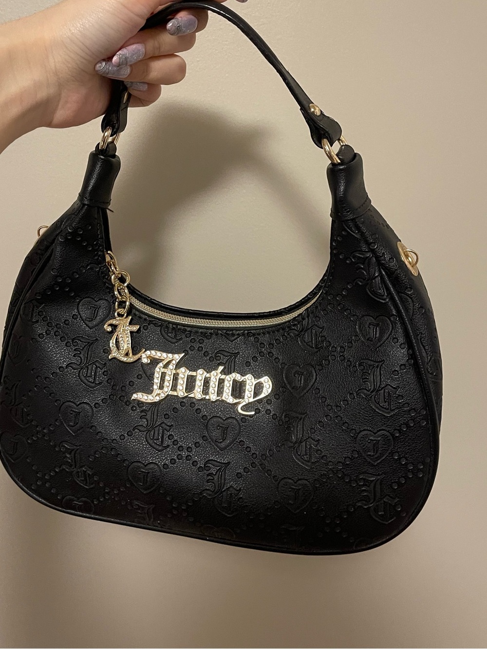 Juicy Couture Black Embossed Logo Hobo Shoulder Bag with Gold Charm